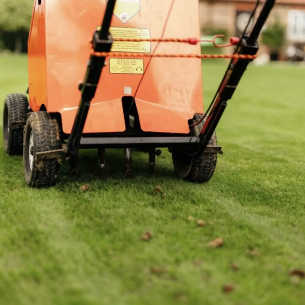 Core aerator removing soil plugs from a green lawn