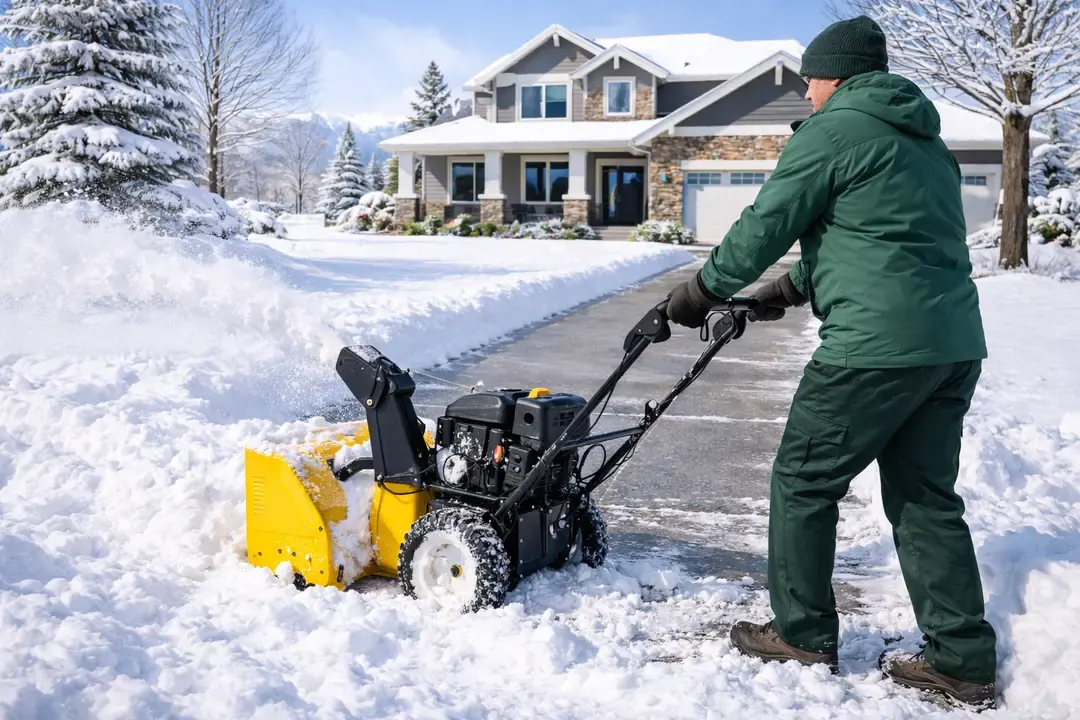 Worker using a snow blower to clear a residential driveway
