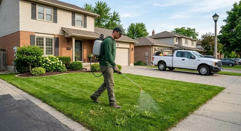 Lawn care worker spot spraying weeds in a residential front lawn